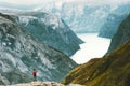 Traveling Man enjoying Naeroyfjord mountains landscape