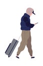 Traveling man with suitcase. Cartoon male character in airport terminal with bag and smartphone. Passenger waiting for Royalty Free Stock Photo
