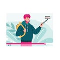 Traveling man travel blogger with camera cartoon vector illustration isolated. Royalty Free Stock Photo