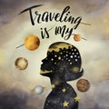 Traveling Is My Passion - A Womans Head With Stars And Planets