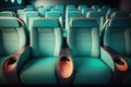 turquoise cinema seat row with scree, generative AI