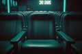 turquoise cinema seat row with scree, generative AI