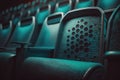 Traveling over turquoise cinema seat row with scree, generative AI