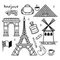 Traveling Paris France doodle drawing set. Hand drawn City and objects