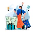 Traveling people concept in modern flat design. Woman traveler with luggage went on vacation and chooses route with map. World