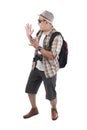 Traveling People Isolated on White. Male Backpacker Tourist Shocked Surprised Gesture
