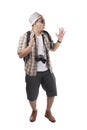 Traveling People Isolated on White. Male Backpacker Tourist Shocked Surprised Gesture