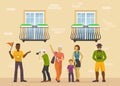 Traveling people with guide city excursion vector illustration. Family or group of tourists near house facade. Tourists