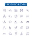 Traveling people line icons signs set. Design collection of Travellers, Voyagers, explorers, globetrotters, wanderers Royalty Free Stock Photo