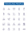 Traveling people line icons signs set. Design collection of Travellers, Voyagers, explorers, globetrotters, wanderers