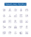 Traveling people line icons signs set. Design collection of Travellers, Voyagers, explorers, globetrotters, wanderers Royalty Free Stock Photo