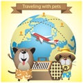 Traveling with pets on airlines. Vector illustration with pets, kennel and earth globe