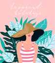 Young woman in the beach hat against the background of tropical leaves. Vector illustration.