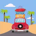 Traveling by red car with stack of luggage bags on roof near beach with palms. Summer tourism, travel, trip. Flat cartoon vector