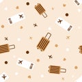 Traveling repeating background seamless pattern with luggage airplanes and tickets vector in flat style. Repeated Royalty Free Stock Photo