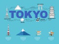 Traveling in Tokyo with landmark icons on sky blue background.vector Royalty Free Stock Photo