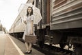 Traveling by train.Business lady, retro style