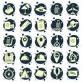 Traveling and transport icon set with hotel, compass, maps, reception call, plane ticket, boarding pass, camping tent, hot air Royalty Free Stock Photo
