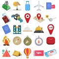 Traveling and transport clip art set with hotel, compass, maps, reception call, plane ticket, boarding pass, camping tent, Royalty Free Stock Photo