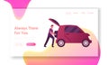 Traveling, Trip Landing Page Template. Male Character Put Luggage into Auto Trunk. Man Use Car Sharing Service Royalty Free Stock Photo