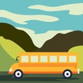 Time to travel. Flat vector yellow bus goes on the highway in the desert. Mountains, road and clouds landscape. Banner Royalty Free Stock Photo