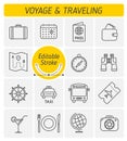 The traveling and voyage outline vector icon set