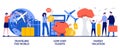 Traveling the world, low cost flights, family vacation concept with tiny people. Holiday trip abstract vector illustration set.