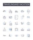 Travelingand vacation line icons collection. Balloons, Confetti, Streamers, Pinata, Banner, Plates, Cups vector and