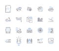 Travelingand vacation outline icons collection. Holiday, Touring, Escapade, Exploring, Excursion, Outing, Trekking