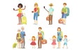 Travell People Characters Set, Happy Tourists with Luggage, Men, Women and Families with Kids Traveling on Vacation Royalty Free Stock Photo