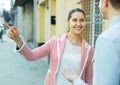 Traveller asking woman direction Royalty Free Stock Photo