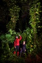 Traveller couple search and explore through tropical rain forest