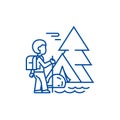 Traveller in forest,tourist hiking, tent line icon concept. Traveller in forest,tourist hiking, tent flat vector symbol Royalty Free Stock Photo