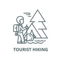 Traveller in forest,tourist hiking, tent vector line icon, linear concept, outline sign, symbol Royalty Free Stock Photo