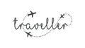 Traveller logo concept. Lettering traveler, with flying airplanes around the inscription. Flying plane along route