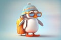 Traveller penguin wearing blue hat and sunglasses on colorful background. Generative AI