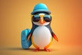 Traveller penguin wearing blue hat and sunglasses on orange background. Generative AI