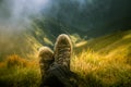 A traveller resting in a mountain landscape in Carpathian mountains Royalty Free Stock Photo