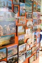 Traveller`s wall collage of tourist souvenir magnet images of famous landmarks of the world