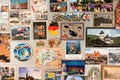 Traveller`s wall collage of tourist souvenir magnet images of famous landmarks of the world