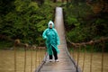 Traveller senior beautiful woman in blue rain jacket cross river by hinged bridge in forest, enjoying silence Royalty Free Stock Photo