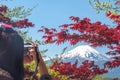 Traveller is taking photo of Mount Fuji with Clear sky at Kawakuchigo lake Royalty Free Stock Photo