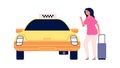 Traveller and taxi. Road to airport, young woman with suitcase get in yellow car. Isolated female tourist vector