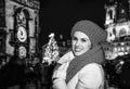 Traveller woman at Christmas on Staromestske namesti in Prague