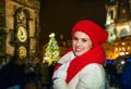 Traveller woman at Christmas on Staromestske namesti in Prague