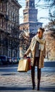 Traveller woman near Sforza Castle, Milan looking into distance Royalty Free Stock Photo