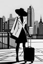 Traveller woman with rolling case and city
