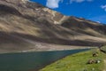 Travellers enjoying on the banks of Chandrataal lake in Spiti Valley, Himachal Pradesh,India