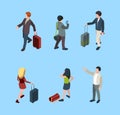 Travellers isometric. Family couples with luggage tourists with baggage vector people in various poses