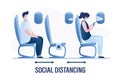 Travellers in protective masks sitting in airplane. Passengers in plane cabin. Coronavirus prevention, social distancing